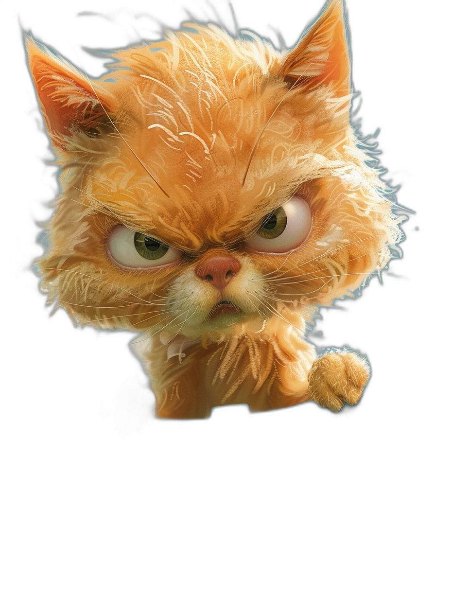 front view of an angry orange cat, a funny illustration in the style of Pixar and Disney studios, on a black background, with high resolution