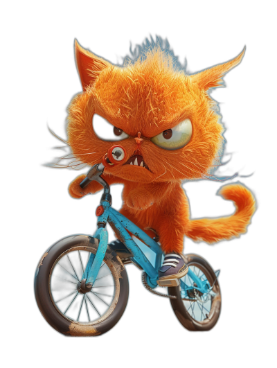 Cute fluffy orange cat with an angry expression riding on a blue bicycle in the style of 3d character, black background, cute cartoon design, digital art, in the style of Pixar movie.