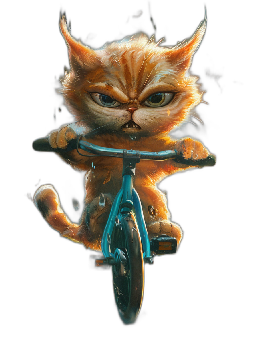 realistic cartoon illustration of an angry ginger cat riding on the front wheel of a bicycle, black background, digital art in the style of Pixar and Disney