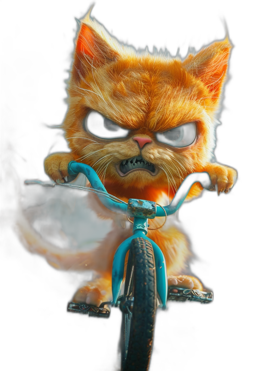 angry, cute cat on the bike, black background, in the style of Disney Pixar character design, 3d render, cute digital art in the style of Pixar cartoon, 2D illustration, 45 degree view, dark orange fur with teal details, big eyes, adorable fangs and claws, wearing a blue bicycle suit