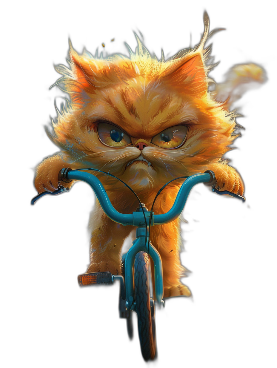 grumpy orange cat with blue eyes riding bicycle, in the style of Pixar, cartoon character concept art, black background