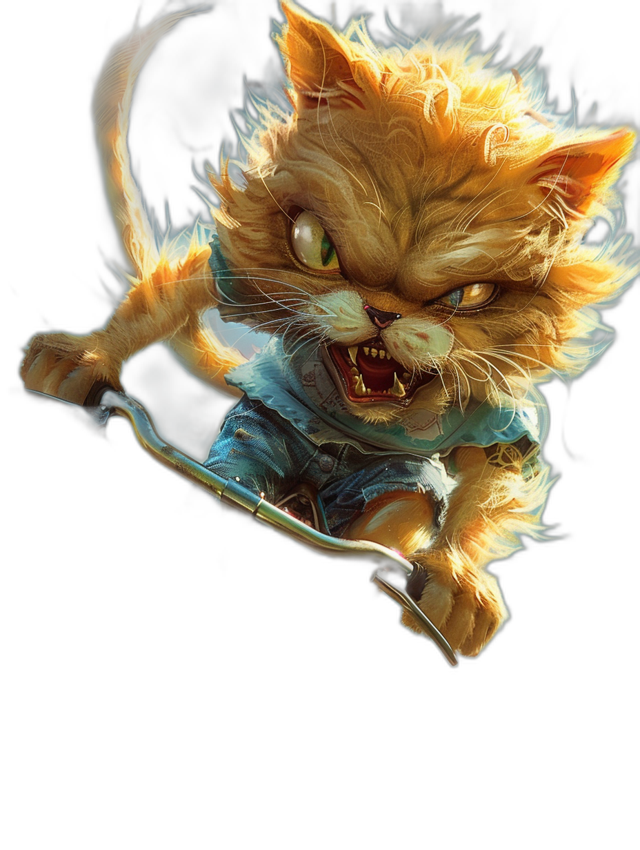 Character design of an angry ginger cat with glowing eyes and sharp teeth wearing blue jeans. He is riding on the back end of a flying skateboard in mid air on a black background. Fantasy art style, high detail, cinematic light. Digital painting in the style of [Greg Rutkowski](https://goo.gl/search?artist%20Greg%20Rutkowski).