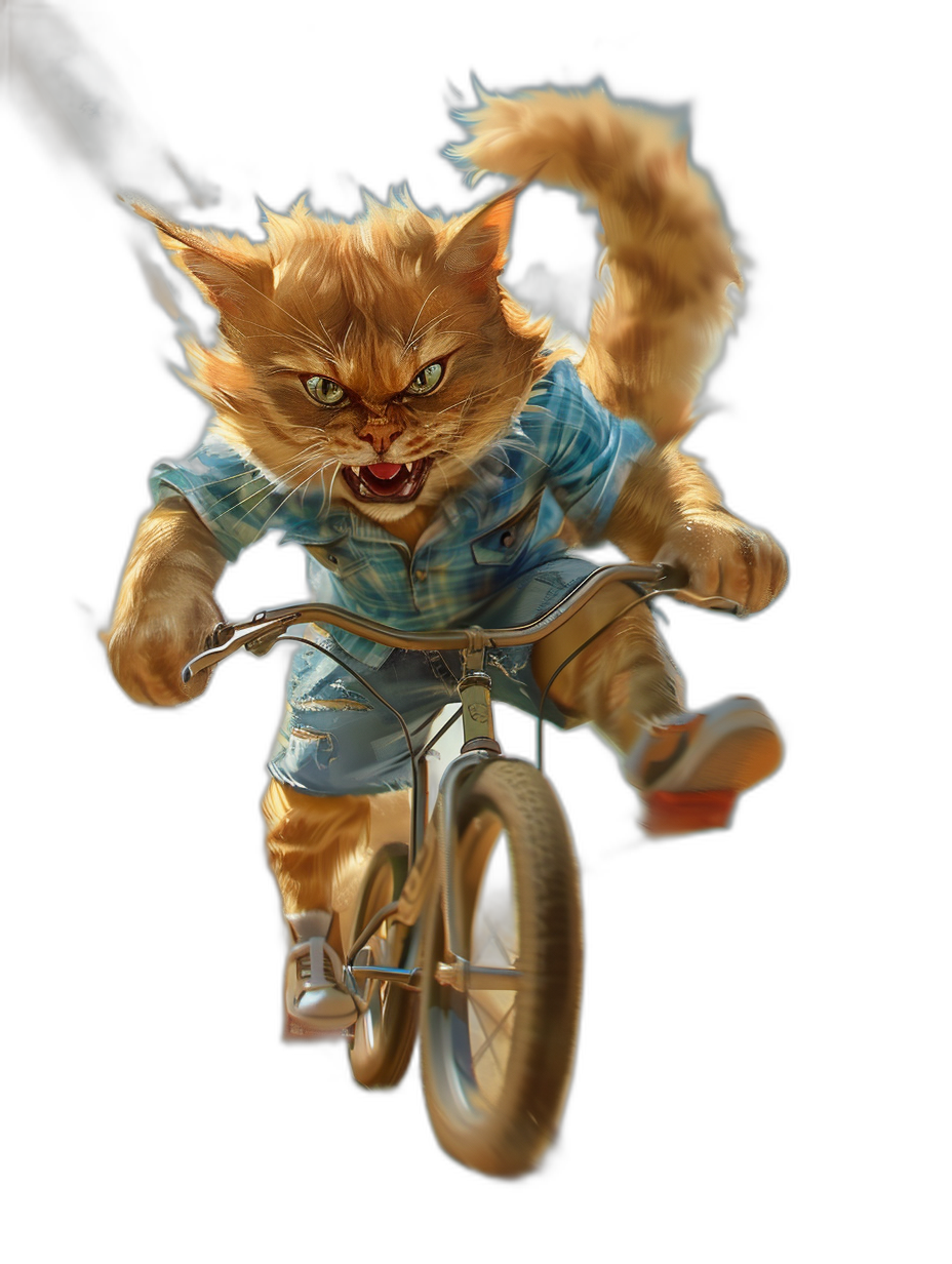 realistic digital art of an angry ginger cat wearing blue and white shirt, riding on bicycle with big wheels, black background, front view, looking at camera, happy face expression, fire coming out from mouth, character design for video game, pixar style