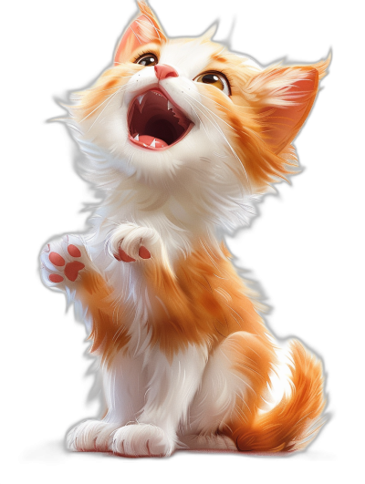 smiling cute orange and white kitten, open mouth with tongue out , black background, full body, concept art by Pixar studio style, mobile game style