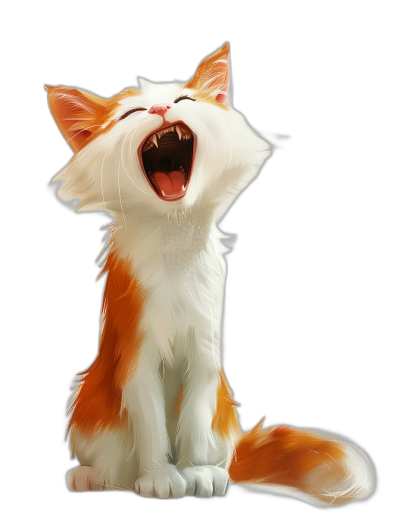 A white and orange cat, laughing with its mouth open wide in a full body shot against a black background, in the style of Pixar studio's concept art, as a digital painting illustration with sharp focus and hyper realistic, intricate details and cinematic lighting.