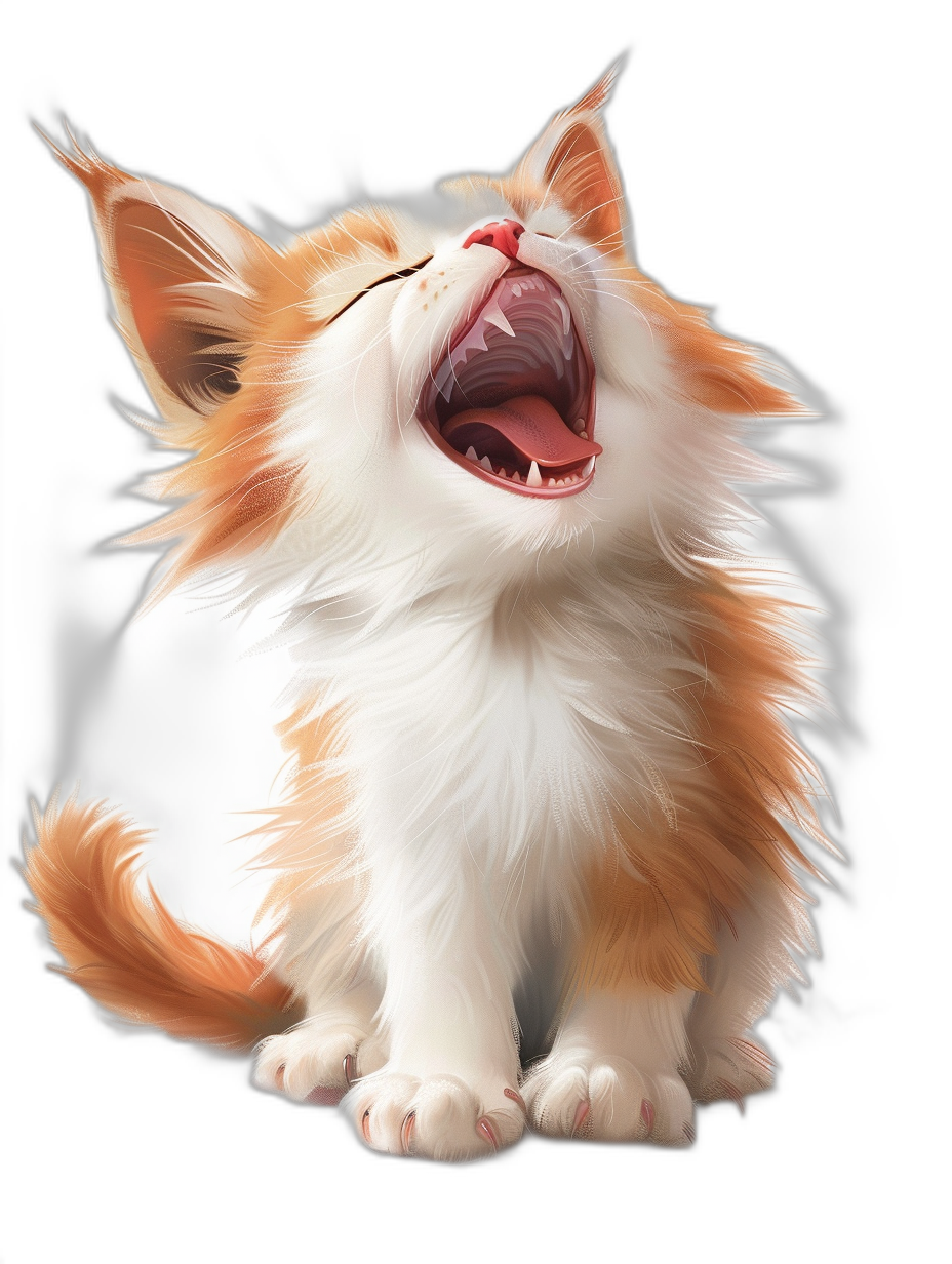 White and ginger cat howling, cute, in the style of cartoon, black background, vector art, high resolution, high detail, digital art, in the style of hyper realistic, in the style of hyper detailed, hyper quality, octane render, 3D octane rendering, full body shot.