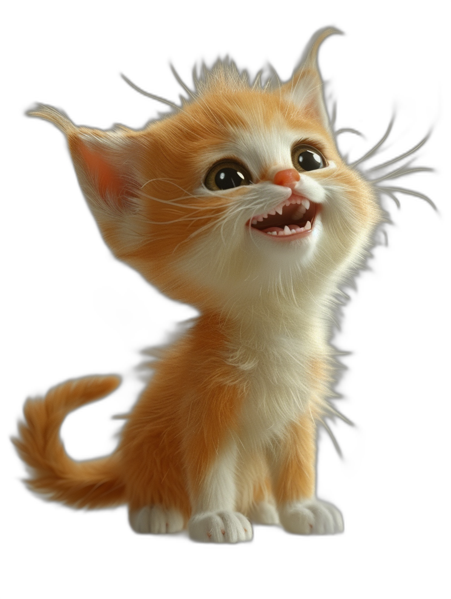 A cute, happy smiling orange and white kitten in the style of Pixar, in the style of Disney cartoon, on a black background, shown in full body, with very detailed, high definition.