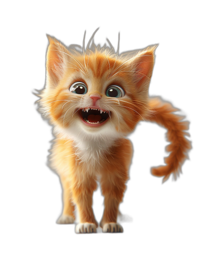 3D render of a happy ginger kitten with big eyes, in the cartoon style, showing its full body, on a black background, cute, like a Pixar character with a big head and small legs, open mouth as if it is laughing, long tail, rendered in Octane.