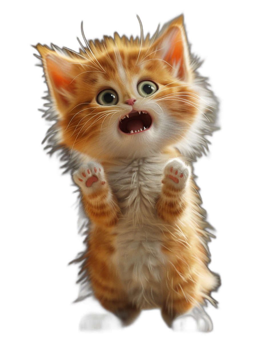 3D render of a cute ginger kitten, standing on its hind legs and screaming with its mouth open, against an isolated black background, in the style of Pixar.