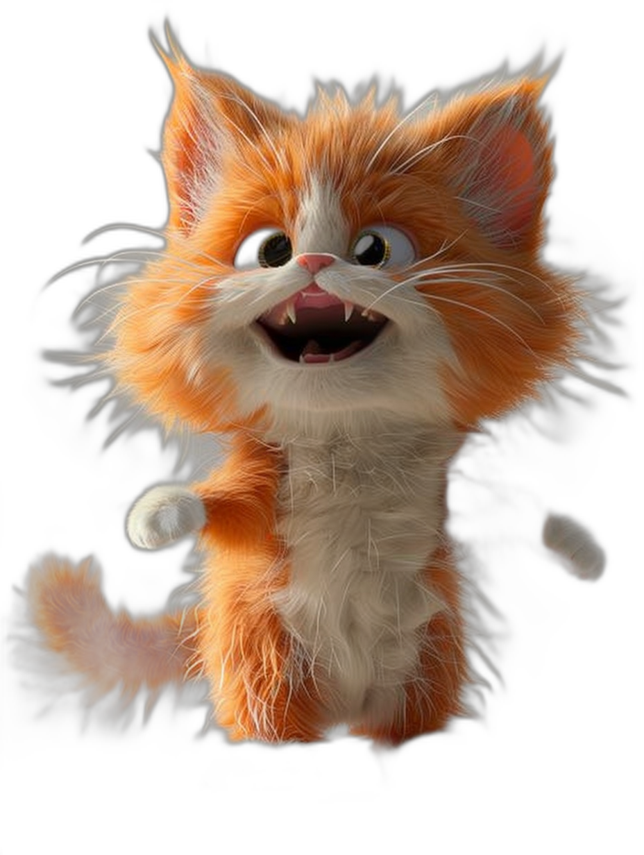 3D fluffy baby cat cartoon character, smiling and laughing with white fur on its face and orange body against a black background, in the style of Pixar.