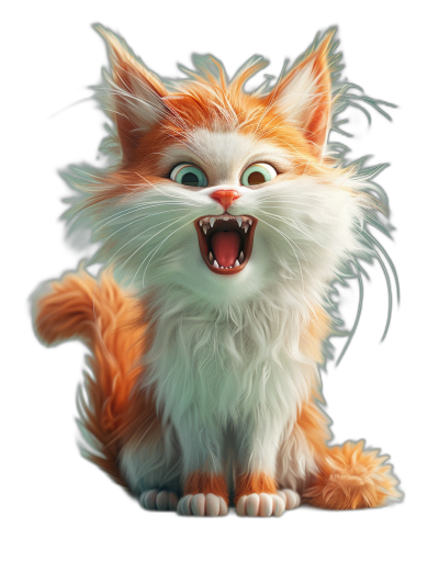 3D render of a happy, cute, fluffy orange and white cat with sharp teeth on a black background, in the style of Pixar character art.