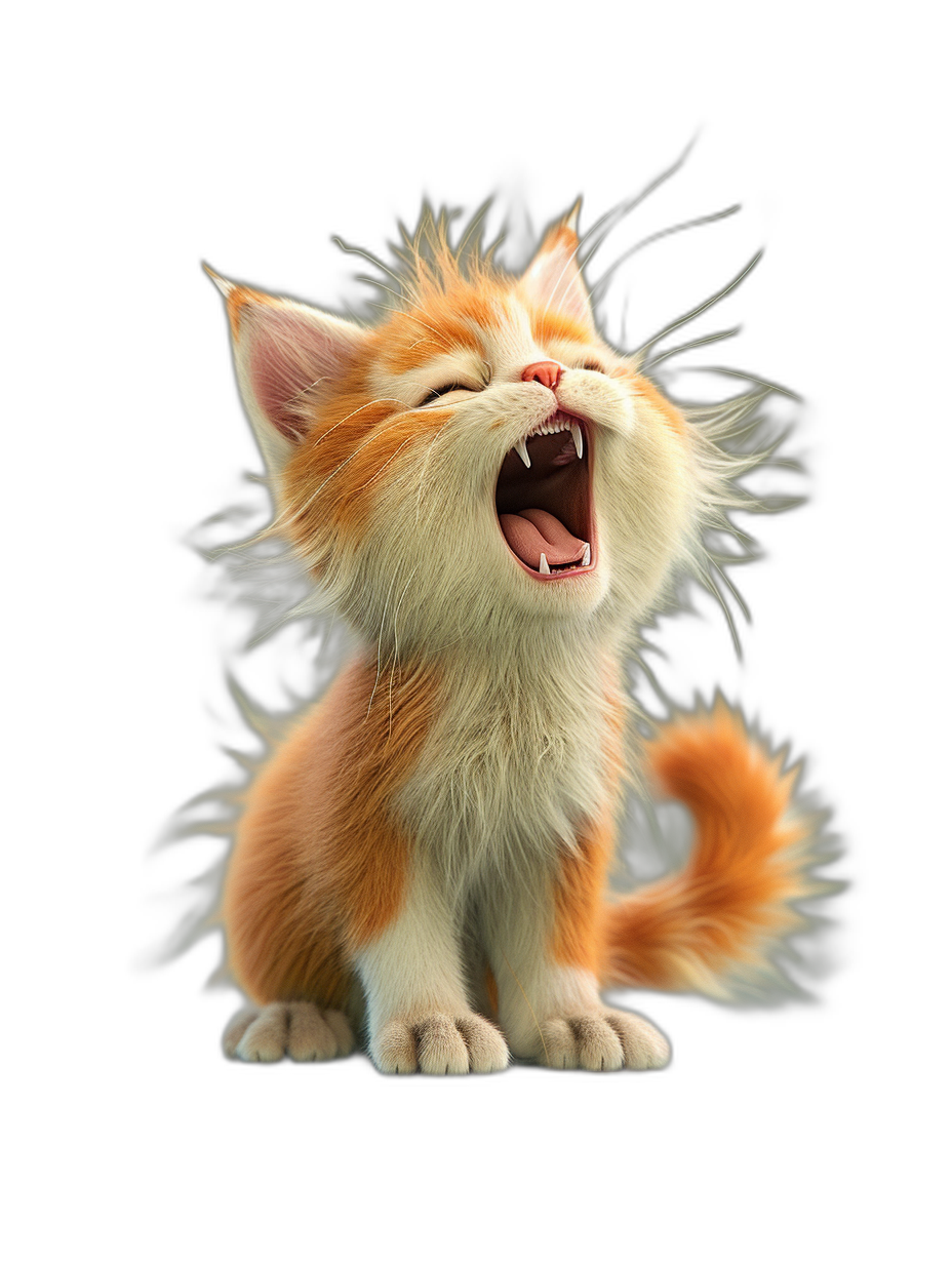 3D render of a cute smiling orange and white kitten howling against a solid black background, in the style of Disney Pixar.