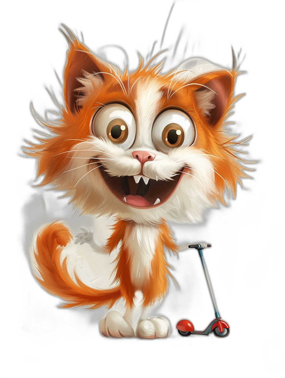 smiling cute cartoon orange and white cat with big eyes, playing on a scooter on a black background, in the style of Pixar.