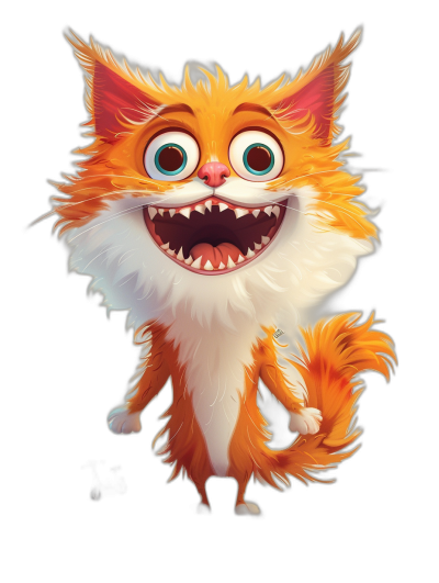 smiling cartoon cat, orange and white fur with black background, concept art in the style of Pixar, cgsociety, character design, gameart, in the style of Pixar, cartoonish, 2d mobile games