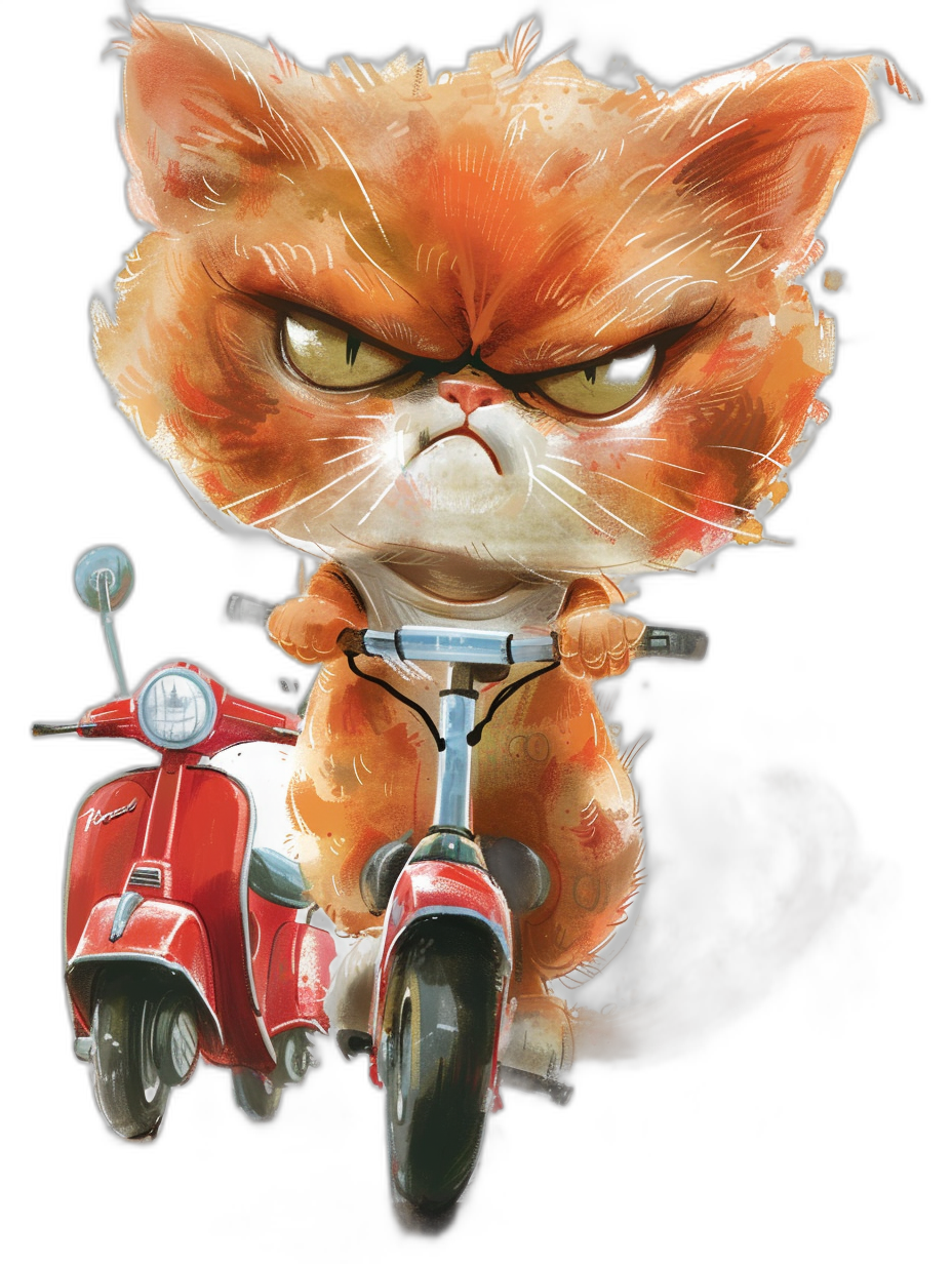 Vector drawing of an angry cat riding on the back end of a red Vespa scooter against a black background, with a cute yet grumpy expression. It is a full body portrait of the cat in a detailed fantasy art style reminiscent of cartoons. The digital painting has an airbrush watercolor effect.