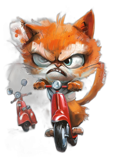 grumpy cat on red scooter, t-shirt design, cute cartoon style drawing, vector art, isolated black background, high contrast shading, funny, grunge punk, graffiti, graffiti streetwear, 2D digital art, hyper detailed, detailed character designs, flat colors with deep shadows, strong use of negative space, portrait, realistic details, professional color grading, clean sharp focus, smooth lighting, 35mm f/8 lens, in the style of graffiti, in the style of grunge punk