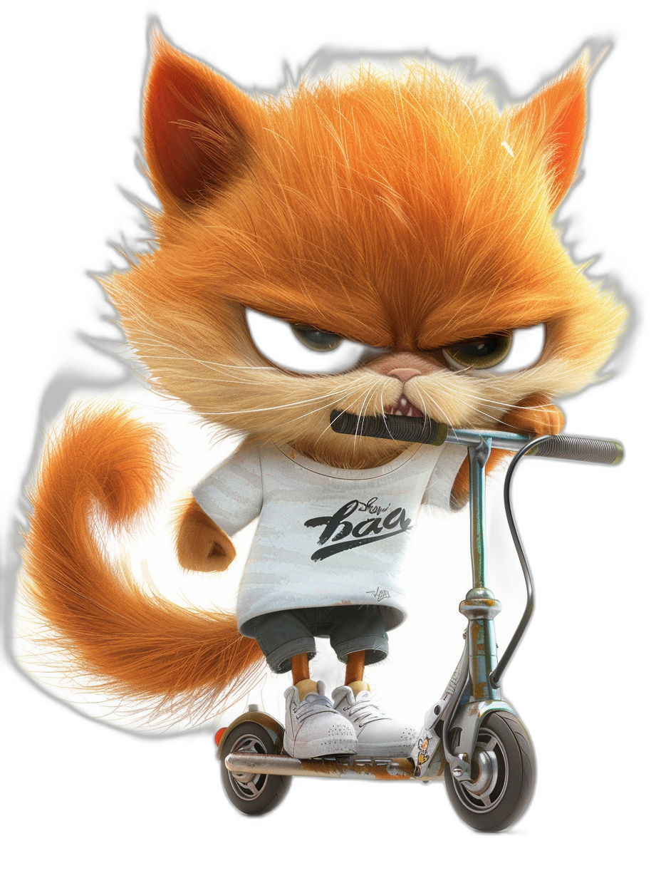 Grumpy orange cat wearing a white t-shirt with “The Lao” logo, riding an electric scooter in the style of Pixar, on a black background, with high resolution, hyper quality, high detail, cinematic lighting, a detailed face and eyes, and white shoes. The cat has fluffy fur.