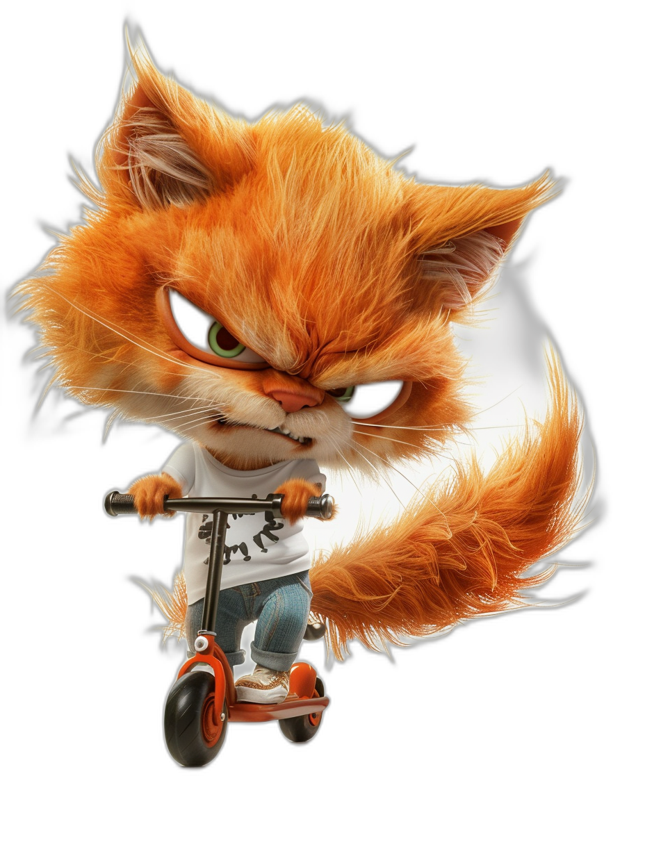 Cute orange cat, wearing a white T-shirt and jeans, riding a scooter with an angry expression, in the style of Pixar, on a black background, high definition wallpaper, cute pet illustration, 3D cartoon character design, cute furry art, fluffy fur texture.