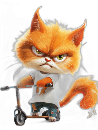 grumpy orange cat with white t-shirt and black pants, riding an electric scooter wearing sneakers, in the style of [Tiago Hoisel](https://goo.gl/search?artist%20Tiago%20Hoisel) caricature, cartoon-like children's book illustration, hyper-realistic, high resolution, high quality, cute detailed, colorful, black background