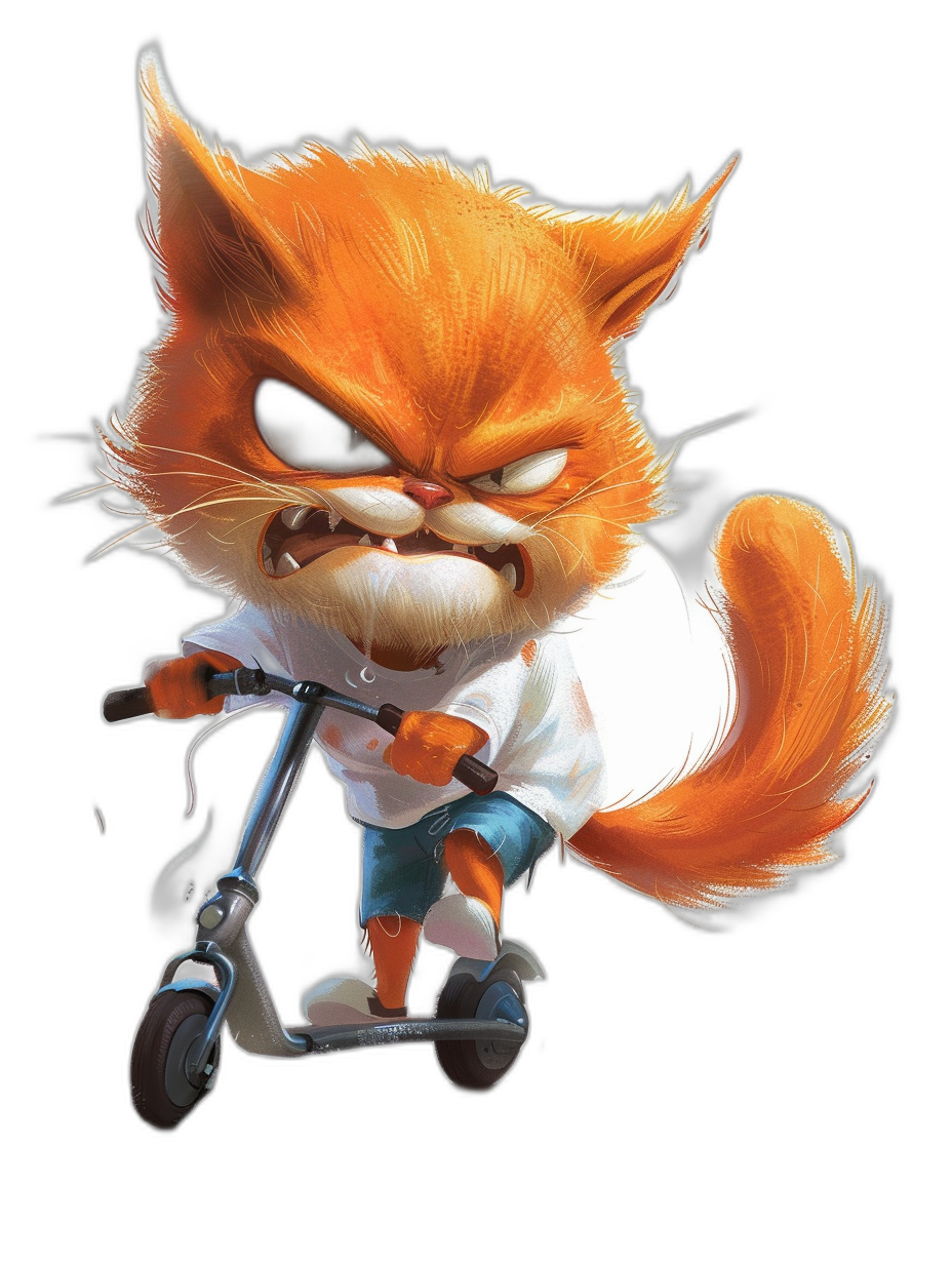 grumpy orange cat with white t-shirt and blue shorts, riding scooter, angry face, cartoon style, on black background, digital art in the style of [Artgerm](https://goo.gl/search?artist%20Artgerm), in the style of [WLOP](https://goo.gl/search?artist%20WLOP), in the style of [Ilya Kuvshinov](https://goo.gl/search?artist%20Ilya%20Kuvshinov), in the style of [Alphonse Mucha](https://goo.gl/search?artist%20Alphonse%20Mucha), in the style of Pixar, in the style of [Studio Ghibli](https://goo.gl/search?artist%20Studio%20Ghibli), 2d game concept art, fantasy, full body shot, character design, character sheet, cinematic, ultra detailed