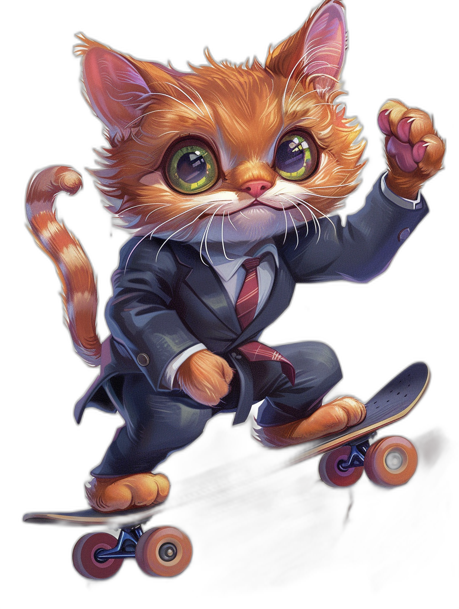 Cute cat in a suit and tie riding a skateboard in the style of anime, vector art, digital painting in the style of cartoon, high resolution, on a black background, colorful, big eyes, cute legs and paws, furry body, smiling face with a happy expression.