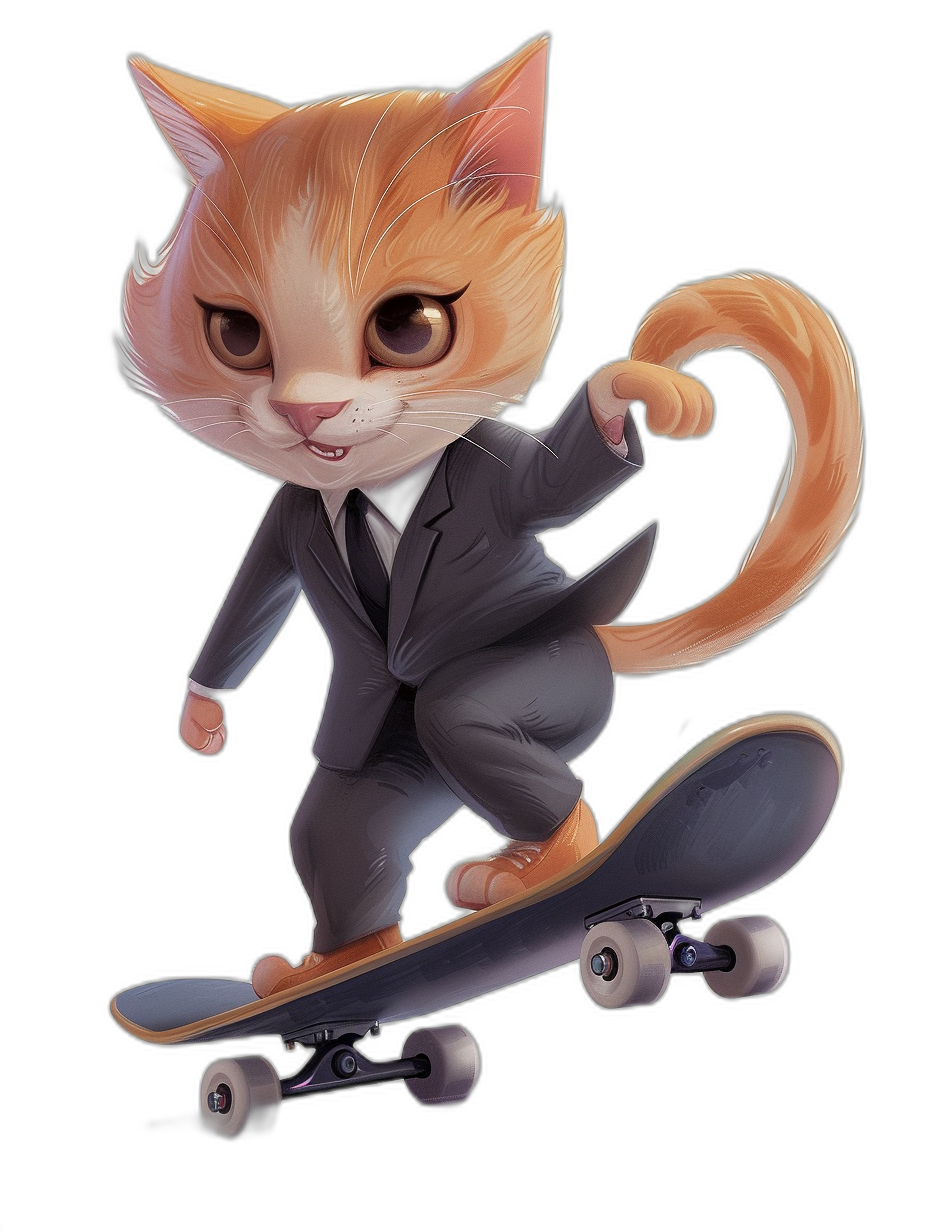 Cute cartoon cat in a suit riding on a skateboard, black background, concept art in the style of Pixar, cgsociety, character design, full body portrait