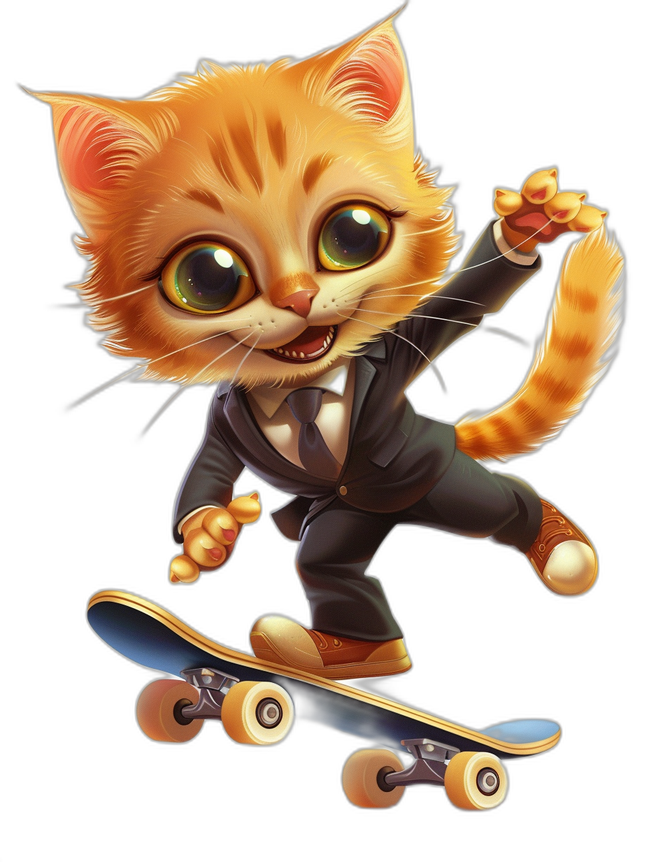 Cute cartoon cat in a suit, riding on a skateboard, with big eyes, on a black background, in a colorful cartoon style in the style of Disney animation, with high resolution, high quality, high detail, best quality, high details.