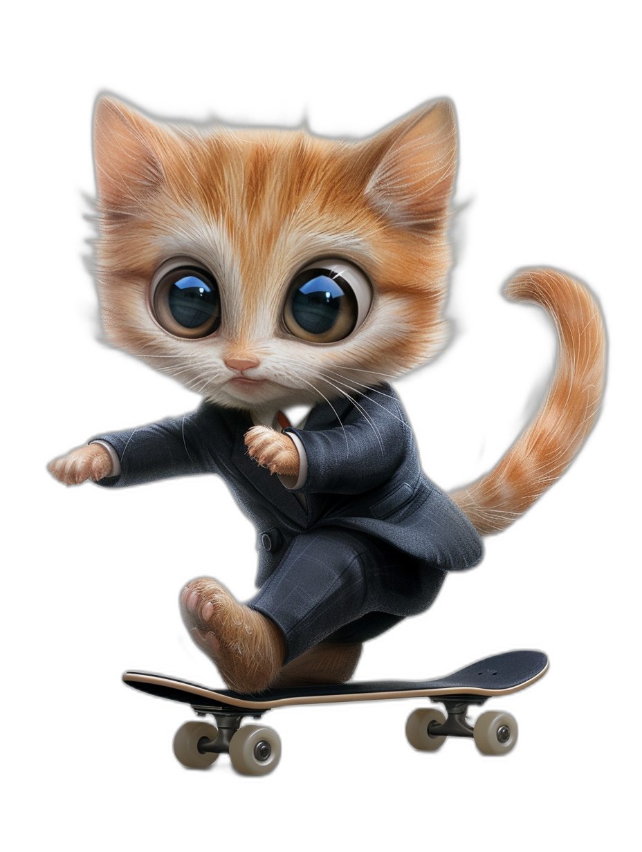 Cute cat cartoon character in suit riding on skateboard, big eyes, isolated black background, hyper realistic, detailed, cute, happy face, ultra high resolution