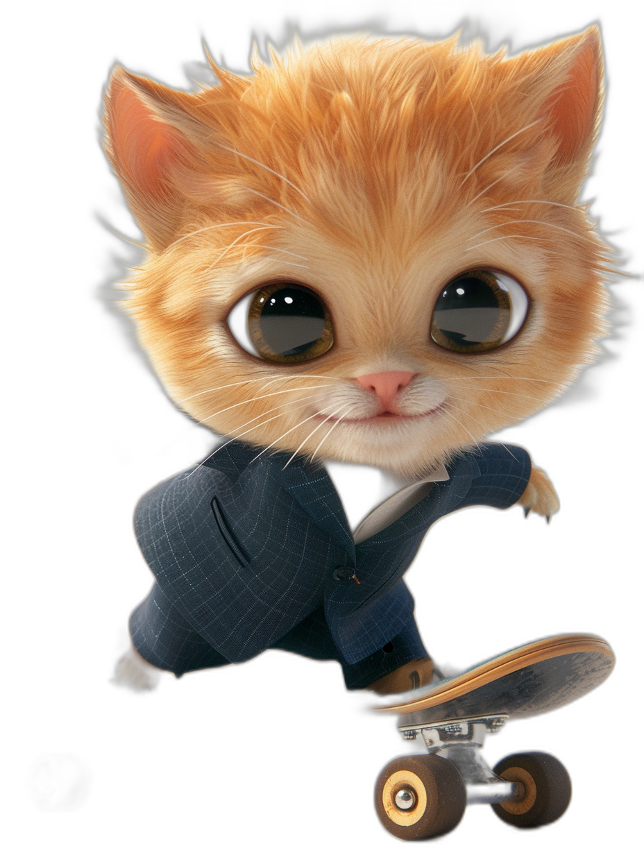 A cute baby orange cat in a suit, with big eyes and eyelashes, skateboarding on a black background, in the style of Pixar.