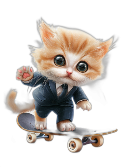 digital art of a cute kitten, wearing a formal suit, riding a skateboard, against a black background, with big eyes, looking lovely and funny.