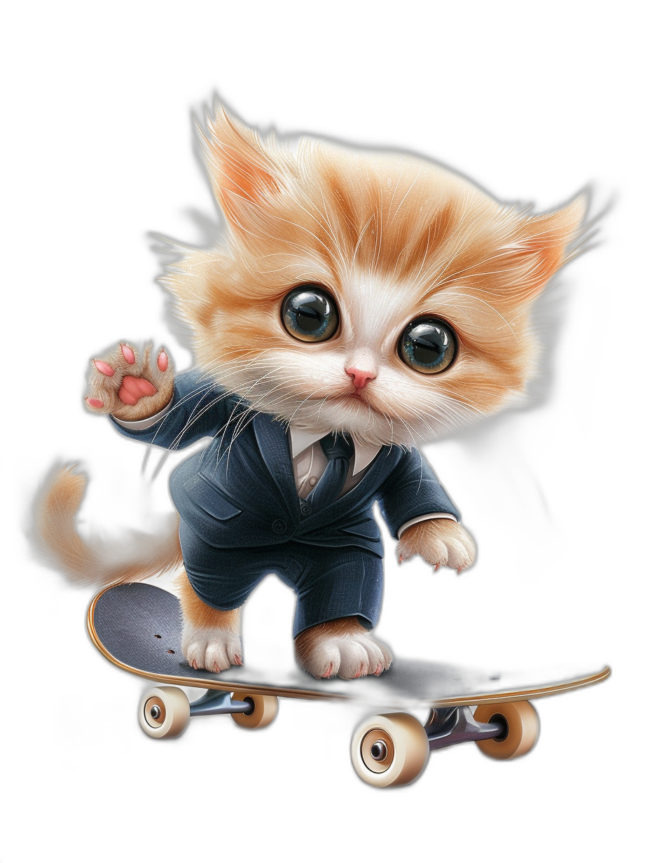 digital art of a cute kitten, wearing a formal suit, riding a skateboard, against a black background, with big eyes, looking lovely and funny.