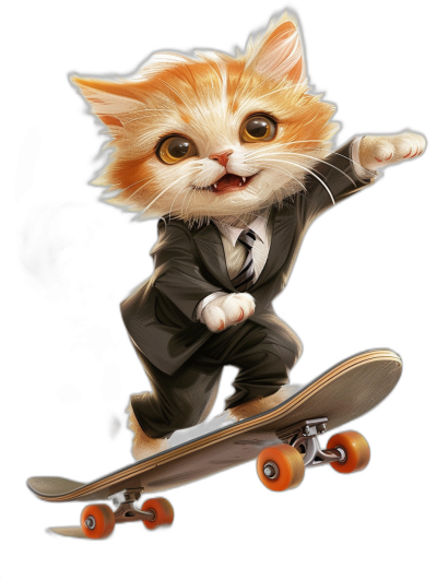 digital art of cute and happy kitten , wear suit, riding on skateboard , black background, big eyes , fluffy hair , smile very wide face, full body