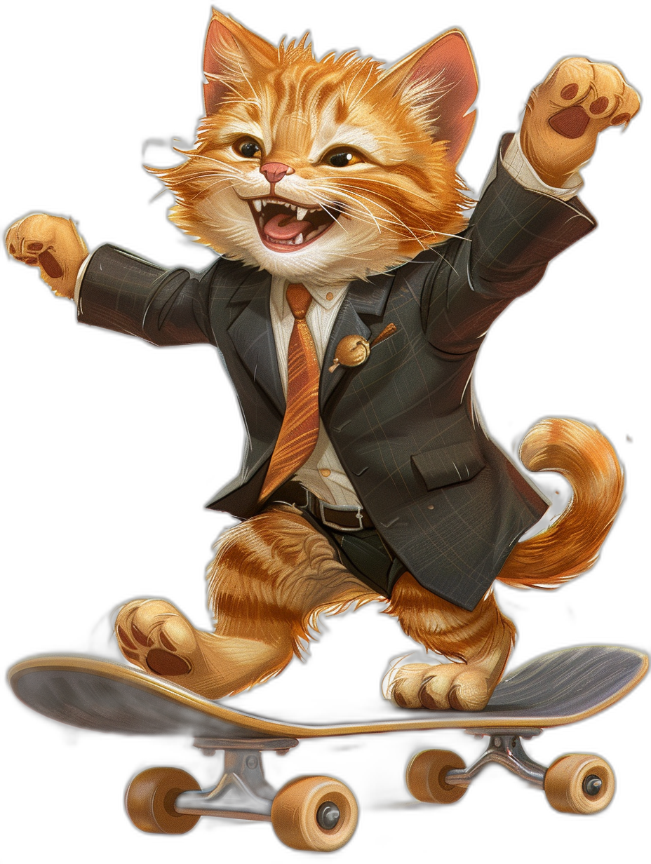 Cute smiling cat in a suit and tie riding on a skateboard, detailed vector art portrait with a black background in a dynamic pose, digital painting in the style of a sticker, sticker design, realistic and detailed, professional photography with sharp focus and high resolution with high details, masterpiece, epic