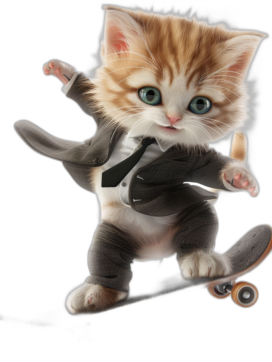 a cute kitten in suit and tie, doing skateboard trick, on black background, photo realistic, high resolution