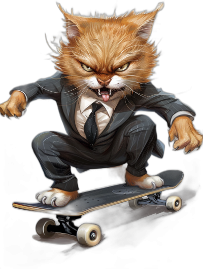 a realistic digital illustration of an angry ginger cat wearing business suit and tie, riding on skateboard , black background, full body portrait, high contrast, high details, sharp focus, high resolution