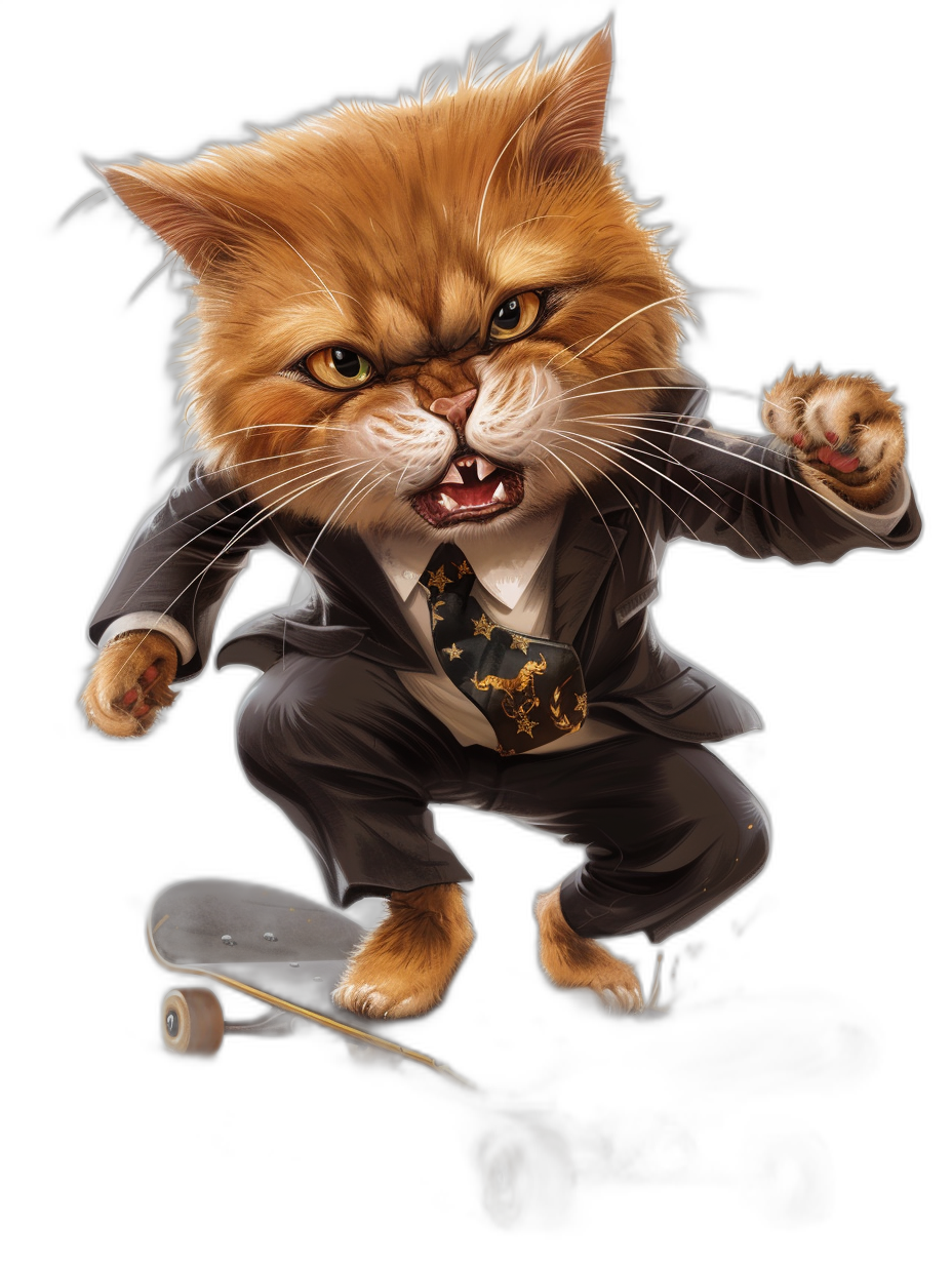 realistic digital illustration of an angry ginger cat in suit and tie, riding on skateboard, black background, full body portrait view