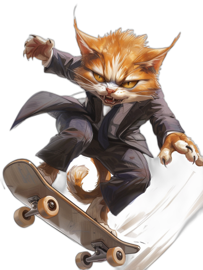 realistic digital illustration of an angry ginger cat in a business suit, riding on a skateboard, isolated on a black background, in the style of [Greg Tocchini](https://goo.gl/search?artist%20Greg%20Tocchini) and [Joe Madureira](https://goo.gl/search?artist%20Joe%20Madureira)