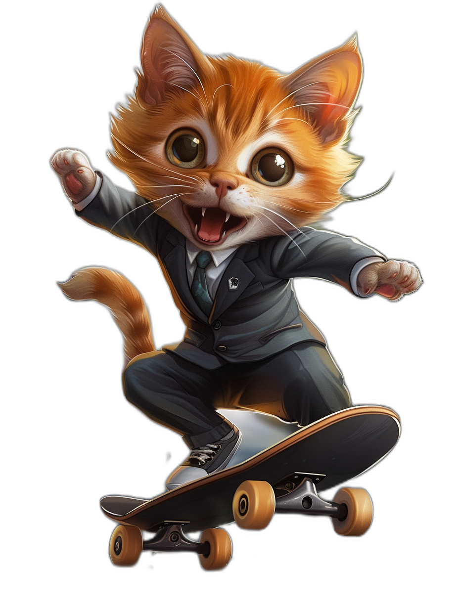 Cute cat cartoon character in a suit riding a skateboard against a black background, detailed character illustrations, hyper-realistic portrait photography in the style of expressive poses, a cute and happy facial expression, ultra-detailed, super resolution, surrealistic style.