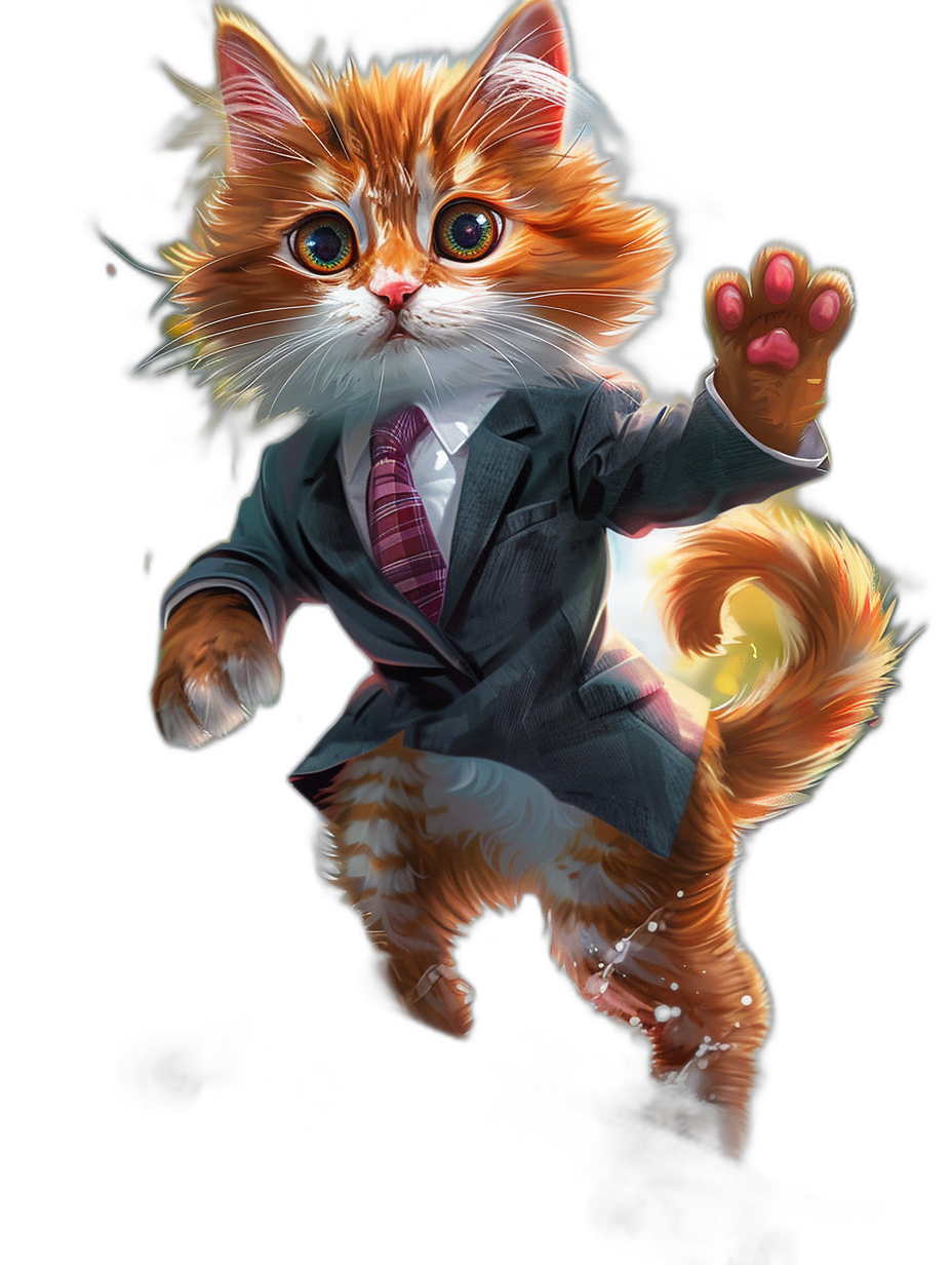 A ginger cat in a suit and tie, flying up with one paw raised high, in the style of anime, black background, cute cartoon character, cute kitten wearing business attire, glowing eyes, fantasy art, highly detailed, concept design, 2D game art, full body shot.