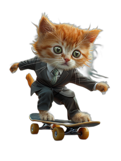 digital art of cute kitten , wear business suit, skating on skateboard black background