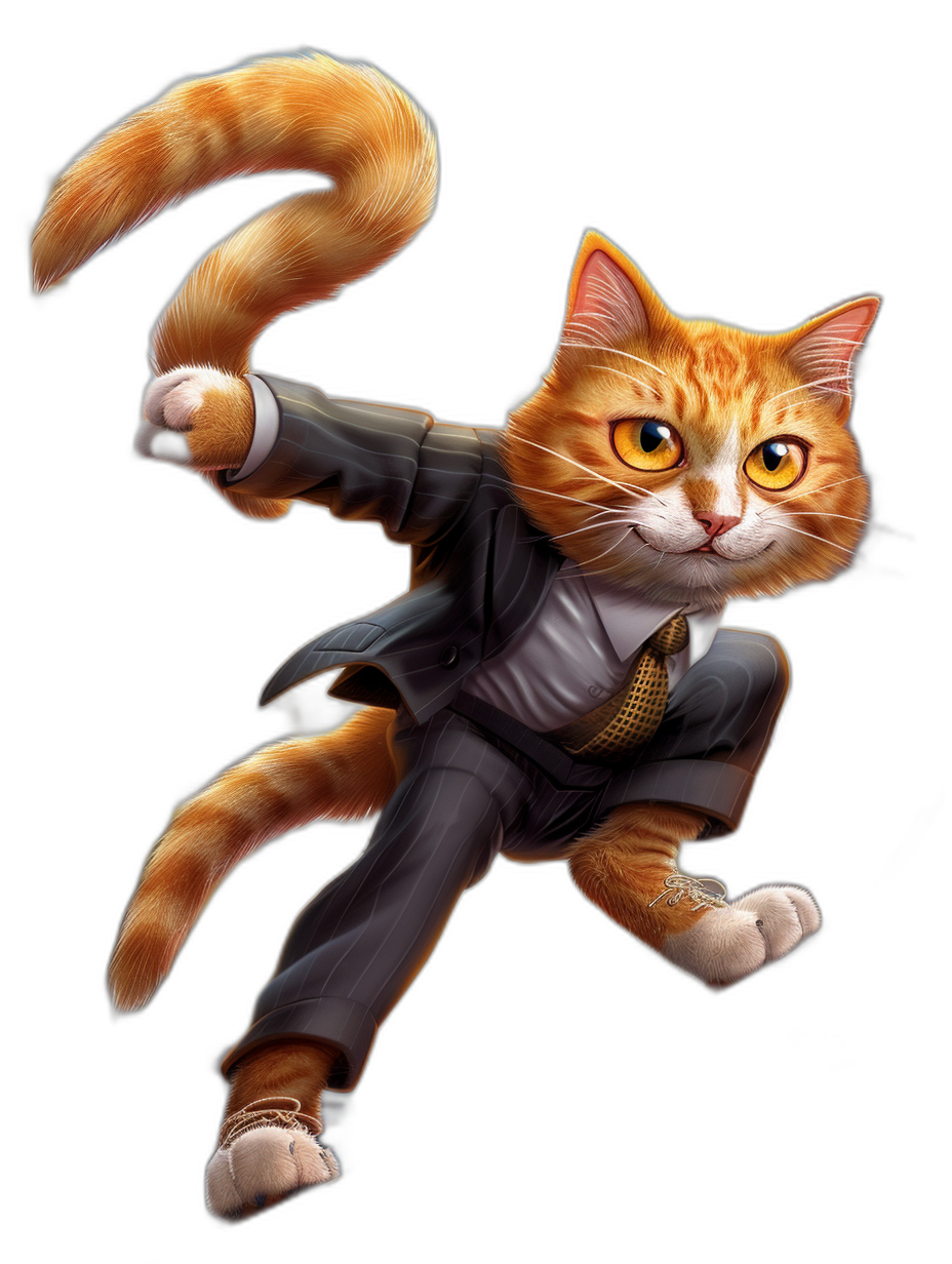 A ginger cat in a suit, doing kung fu, on a black background, in the style of [Tiago Hoisel](https://goo.gl/search?artist%20Tiago%20Hoisel), caricature-like, playful caricatures, with hyper-realistic details