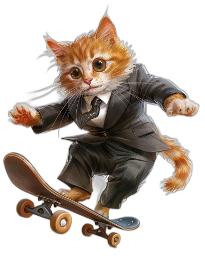 Cute cat in suit skateboarding on black background, vector illustration in the style of [Artgerm](https://goo.gl/search?artist%20Artgerm) and [Greg Rutkowski](https://goo.gl/search?artist%20Greg%20Rutkowski) and [Alphonse Mucha](https://goo.gl/search?artist%20Alphonse%20Mucha), full body portrait, high resolution, high detail, high quality