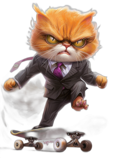 realistic digital illustration of an angry ginger cat in a suit and tie, riding on a skateboard, on a plain black background with a white outline, with a purple shirt underneath the jacket, in the style of a cartoon, with soft light, at a high resolution — s250v6