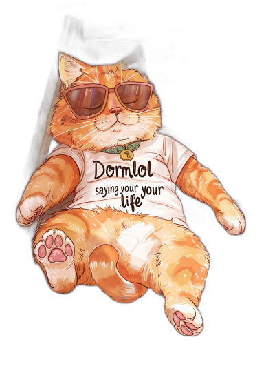 A cartoon illustration of an orange cat wearing sunglasses and a white t-shirt with the text "Dormchori saying your life", lying on top of a window with a black background. A full body shot of the cat in the style of anime.