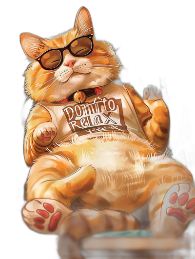 digital art of a fat orange cat wearing glasses and a tshirt with the words "Mass domino sightings really relaxed", sitting on top of a chair, black background, in the style of cartoon, cute