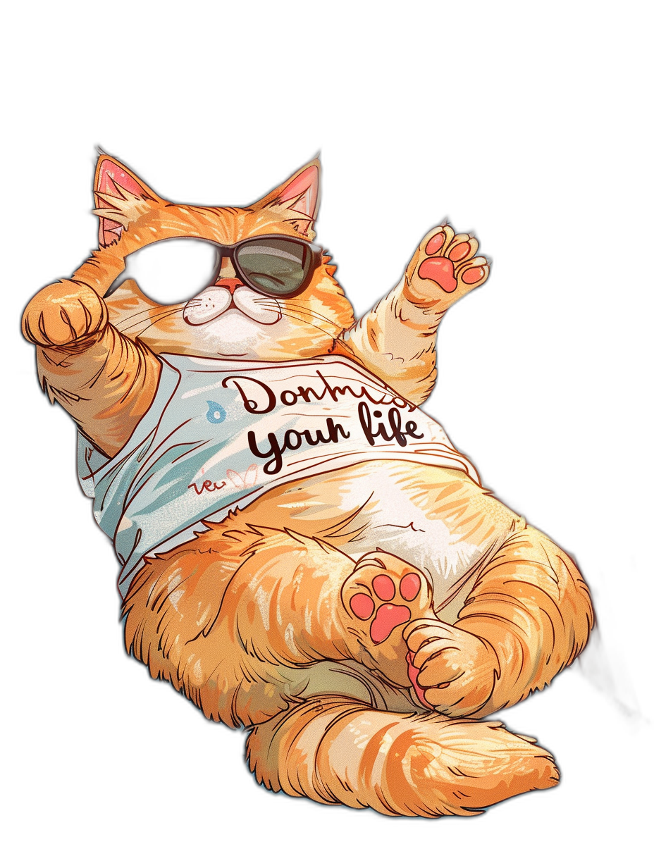 A chubby ginger cat wearing sunglasses and a t-shirt with the text “Don’t be your life”, doing yoga poses in the style of cute cartoon style. Vector design with a black background, contour, vector art, high resolution, high contrast, professional photography in the style of hyper realistic, detailed, sharp focus, HDR.