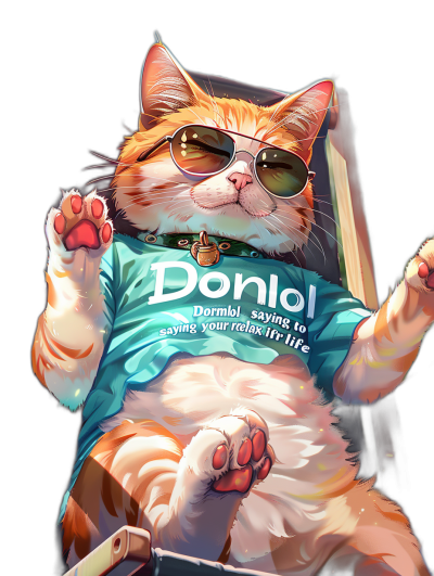 A hyper-realistic illustration of an orange and white cat wearing sunglasses, sitting in a beach chair with his paws outstretched on the sides, enjoying sunbathing. The t-shirt says "DonloL saying you're relax for life". Black background.