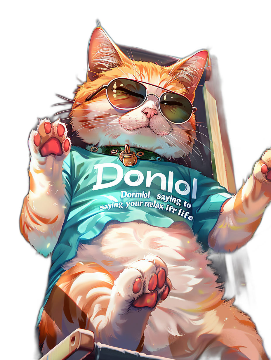 A hyper-realistic illustration of an orange and white cat wearing sunglasses, sitting in a beach chair with his paws outstretched on the sides, enjoying sunbathing. The t-shirt says “DonloL saying you’re relax for life”. Black background.