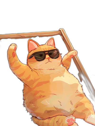 A cute orange fat cat wearing sunglasses is doing pull-ups against a black background in the style of anime.