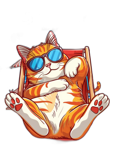 t-shirt design, Cool Orange and White Cat lying on beach chair with sunglasses vector illustration isolated on black background , full body, ultra detailed, in style of cute cartoon art